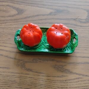 Vintage Tomato Ceramic Salt and Pepper Shakers on Green Tray